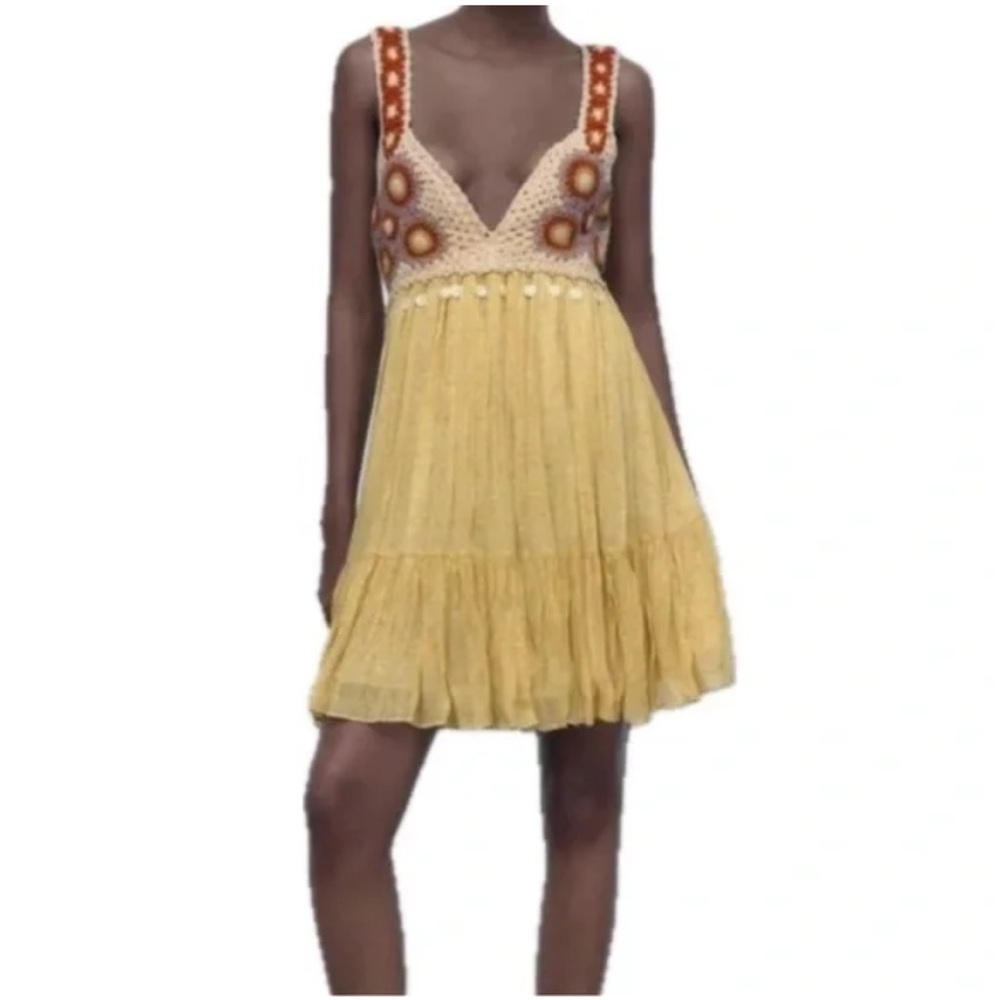 Zara Yellow Crochet Bodice Mini Dress with Rust Strap Accents